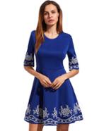 Romwe Light Royal Blue Embroidered Half Sleeve Flare Dress