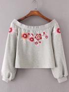 Romwe Embroidered Flower Bardot Sweatshirt