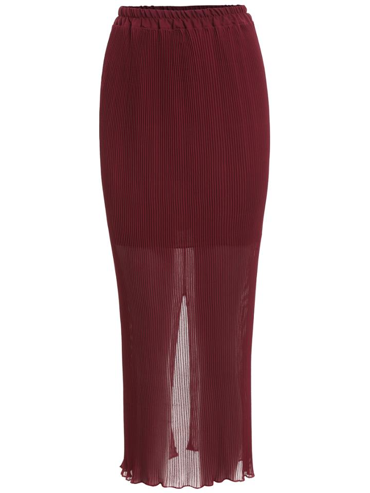 Romwe Chiffon Pleated Split Burgundy Skirt
