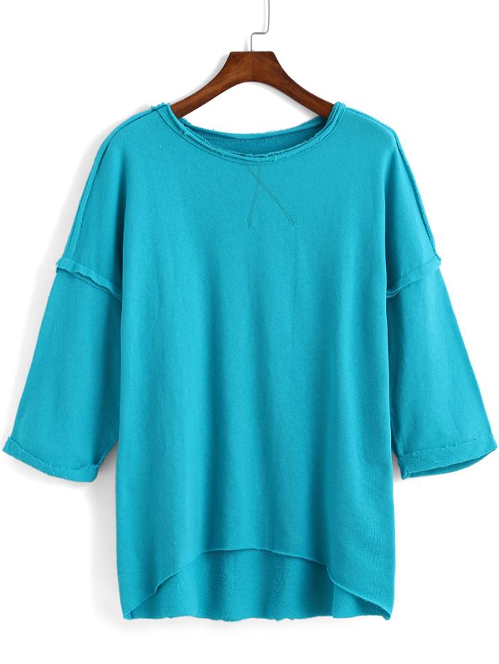 Romwe Dip Hem Loose Blue T-shirt