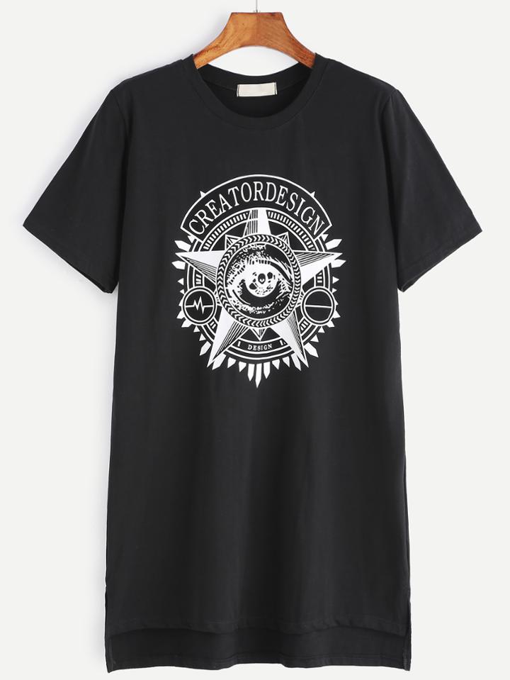 Romwe Black Printed Slit Side High Low T-shirt