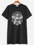 Romwe Black Printed Slit Side High Low T-shirt