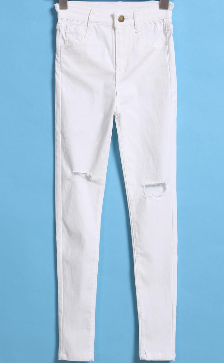 Romwe White Slim Ripped Denim Pant