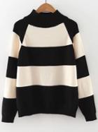 Romwe Black Color Block Mock Neck Raglan Sleeve Sweater