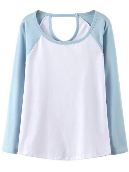 Romwe Contrast Sleeve Hollow Blue T-shirt