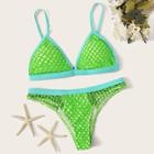 Romwe Fishnet Overlay Contrast Piping Triangle Bikini Set