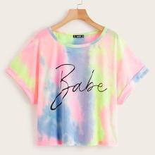 Romwe Plus Letter Print Tie Dye Tee