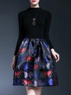 Romwe Black Butterfly Print Knit A-line Dress