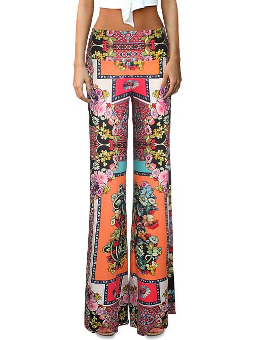 Romwe Elastic Waist Wide Leg Printed Color Pant