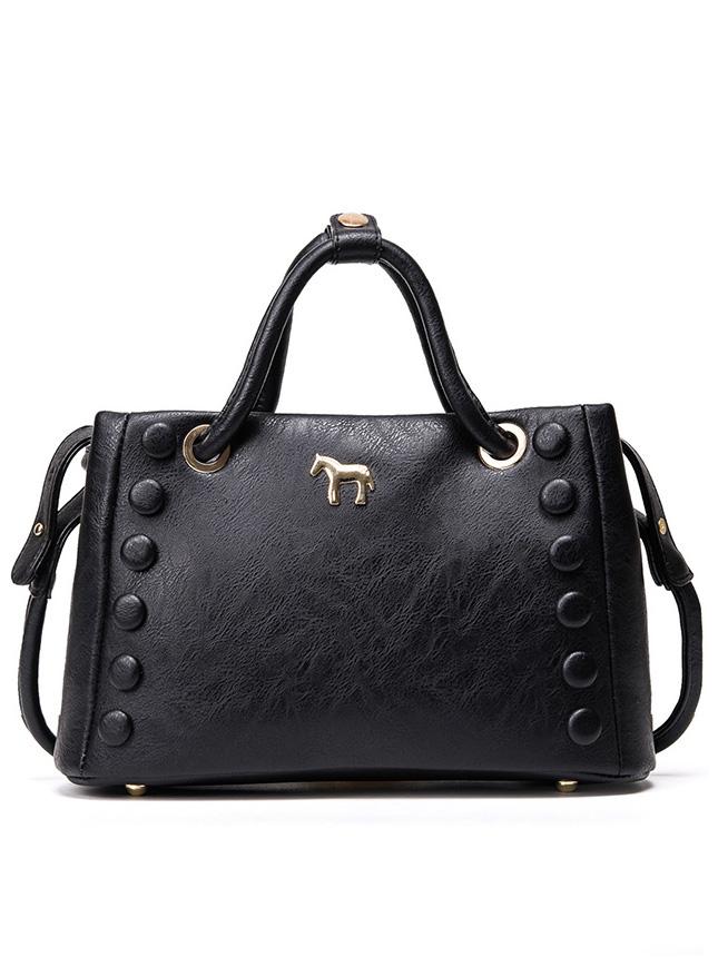 Romwe Metal Horse Accent Studded Tote Bag - Black