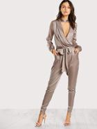 Romwe Shawl Collar Wrap And Tie Satin Jumpsuit