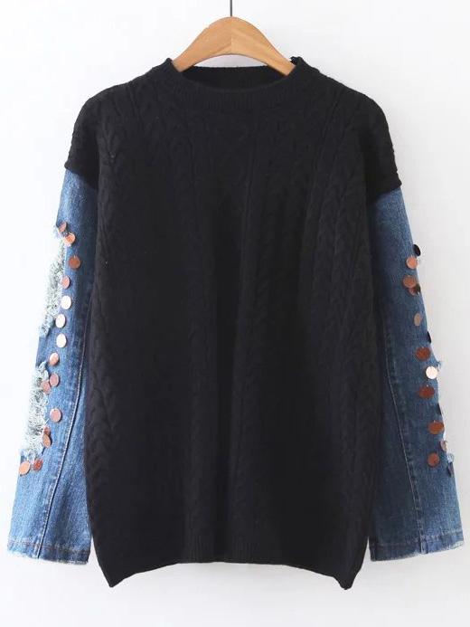 Romwe Black Cable Knit Sequin Ripped Denim Sleeve Sweater