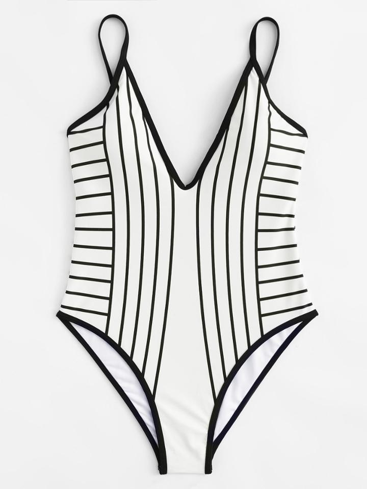 Romwe Striped V Plunge Bikini Set