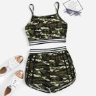 Romwe Camo Print Tape Panel Cami Top With Shorts