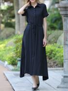 Romwe Lapel Short Sleeve Maxi Shirt Black Dress
