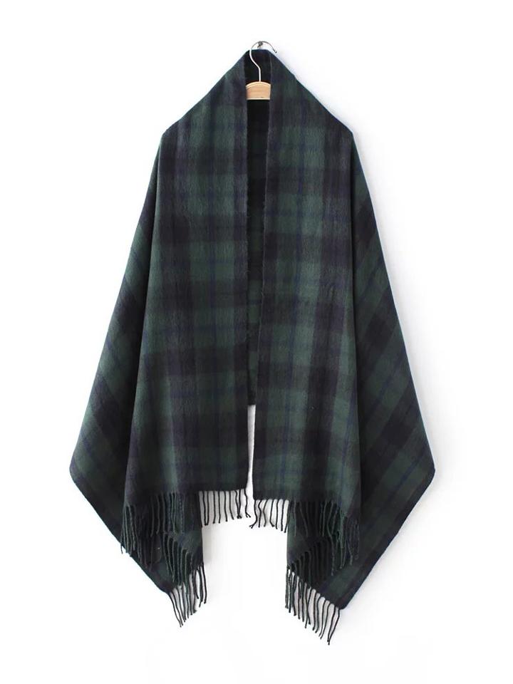 Romwe Green Tartan Plaid Long Fringe Shawl Scarf