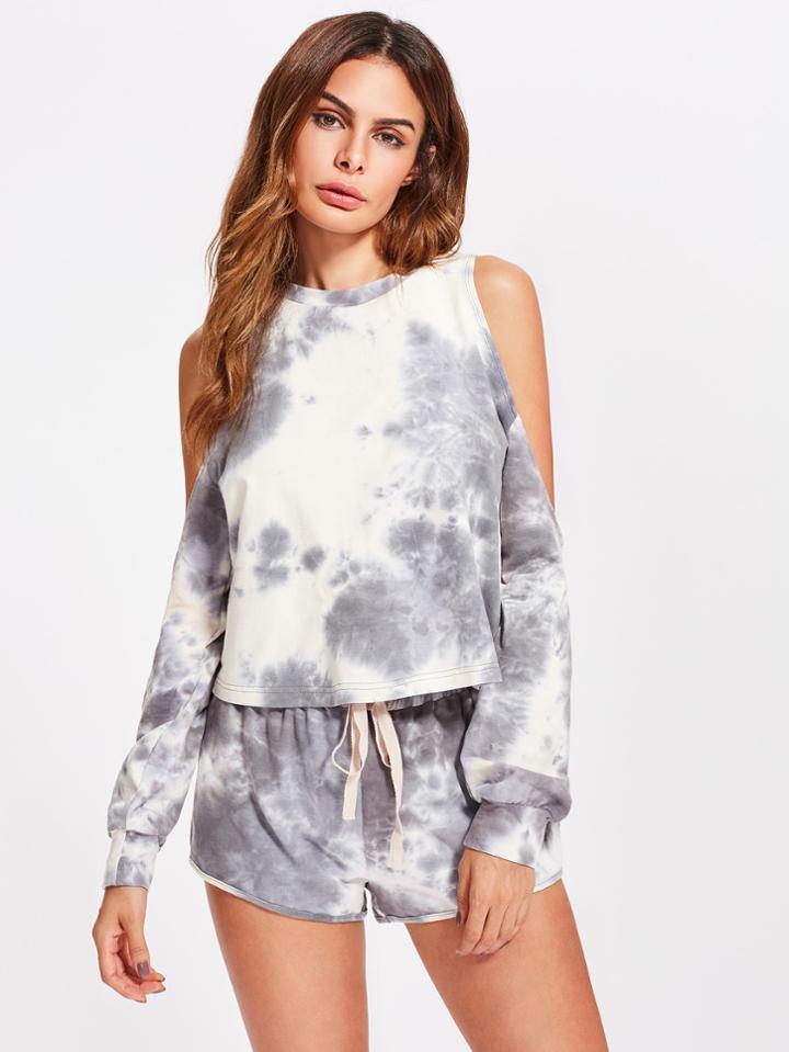 Romwe Open Shoulder Tie Dye Sweatshirt And Drawstring Shorts Co-ord