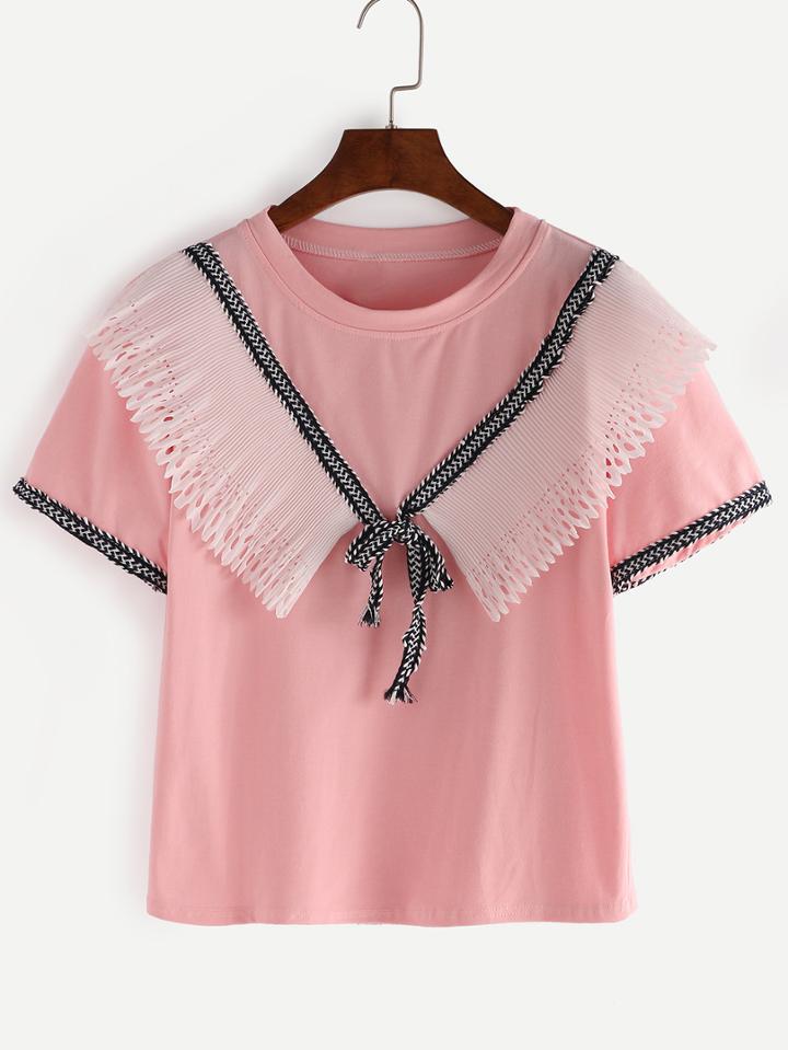 Romwe Pink Ruffled Woven Tape Embesllished T-shirt