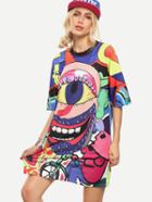 Romwe Multicolor Graffiti Print Oversized Tee Dress