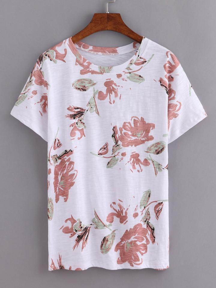 Romwe Ink Flower Print T-shirt