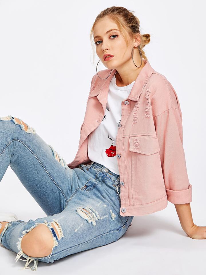 Romwe Single Breasted Ripped Denim Jacket