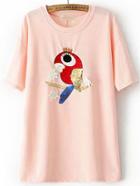 Romwe Parrot Embroidered Sequined Applique Pink T-shirt