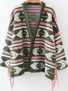 Romwe Army Green Geometric Pattern Fringe Detail Cardigan