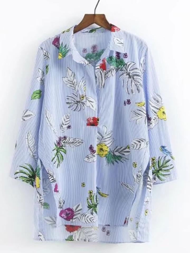 Romwe Pinstripe Split Side High Low Blouse