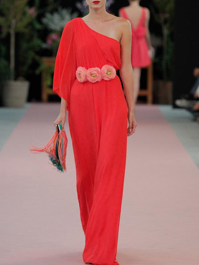 Romwe Red One Shoulder Flowers Tie-waist Maxi Dress