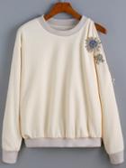 Romwe Round Neck Open Shoulder Flower Bead Sweatshirt