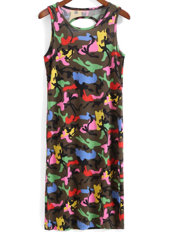 Romwe Open Back Camouflage Shift Army Green Dress