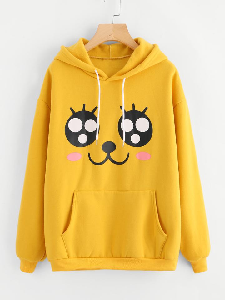 Romwe Smile Face Print Kangaroo Pocket Hoodie