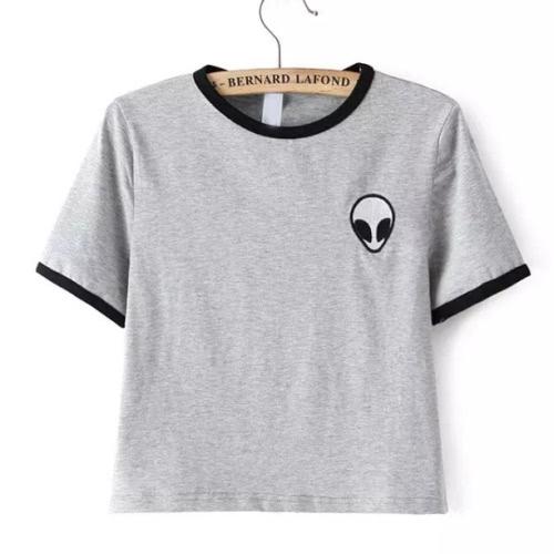 Romwe Grey Crew Neck Alien Print Crop T-shirt