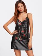 Romwe Dual V Neck Embroidery Sequin Cami Top