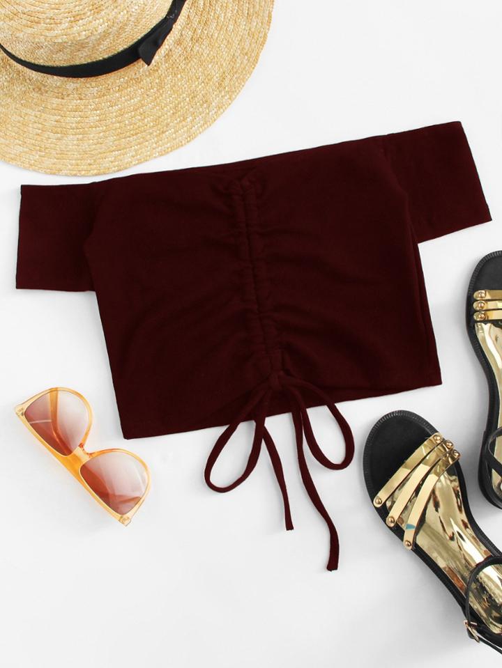 Romwe Off-shoulder Drawstring Crop Tee