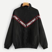 Romwe Contrast Letter Tape Zip Up Jacket