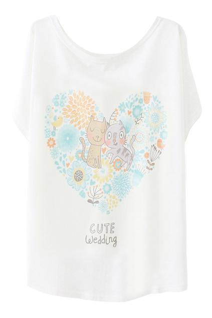 Romwe Rowme Two Happy Cats Print Batwing White T-shirt