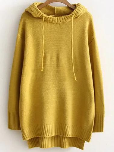 Romwe Yellow Ribbed Trim Hooded High Low Sweater
