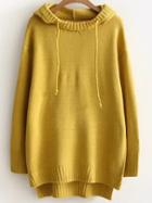 Romwe Yellow Ribbed Trim Hooded High Low Sweater
