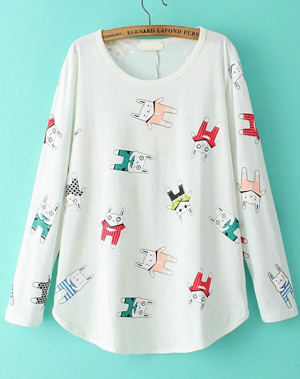 Romwe Rabbit Print Loose White T-shirt