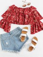 Romwe Off Shoulder Calico Print Tiered Crop Top