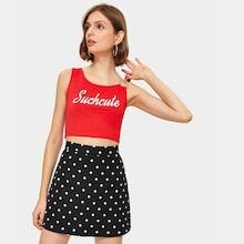 Romwe Ring Detail Letter Print Top