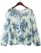 Romwe Green V Neck Long Sleeve Tree Print Blouse
