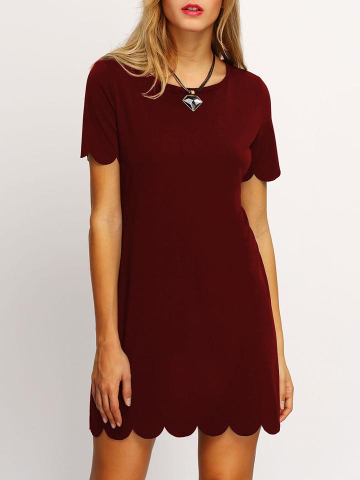 Romwe Burgundy Buttoned Keyhole Back Scallop Dress