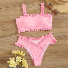 Romwe Frill Trim Top With High Cut Bikini Set