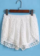 Romwe Elastic Waist Hollow Lace White Shorts