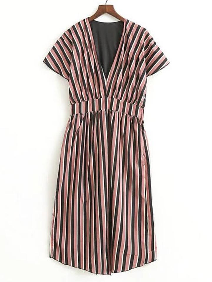 Romwe V Neckline Vertical Striped Split Detail Dress