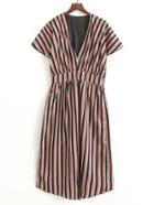Romwe V Neckline Vertical Striped Split Detail Dress