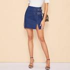 Romwe Buckle Strap Detail Split Denim Skirt