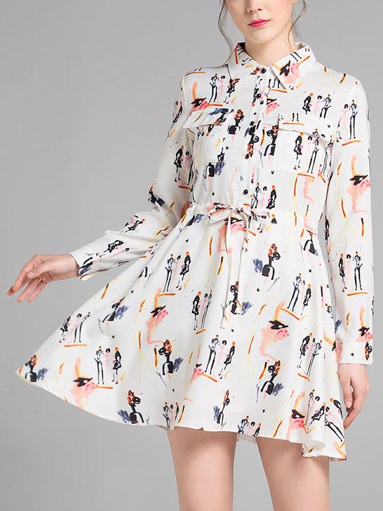 Romwe Abstract Print Tied Waist Shirt Dress